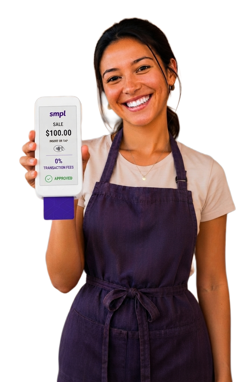Business owner holding a SMPL Smart Terminal set up for zero fee credit card processing, with the processing cost shown to the customer at checkout instead of taken from the sale total