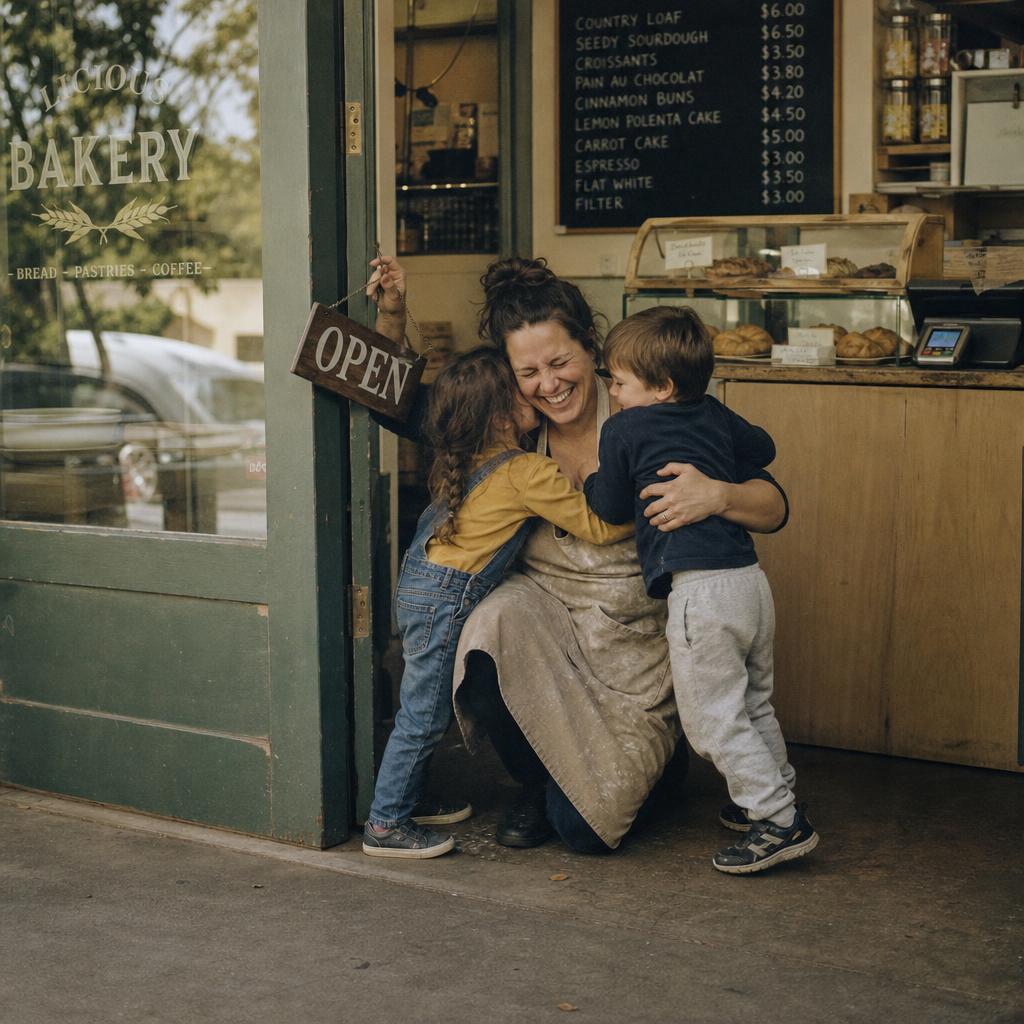 A small business owner laughing while her two children hug her in the doorway of her shop
