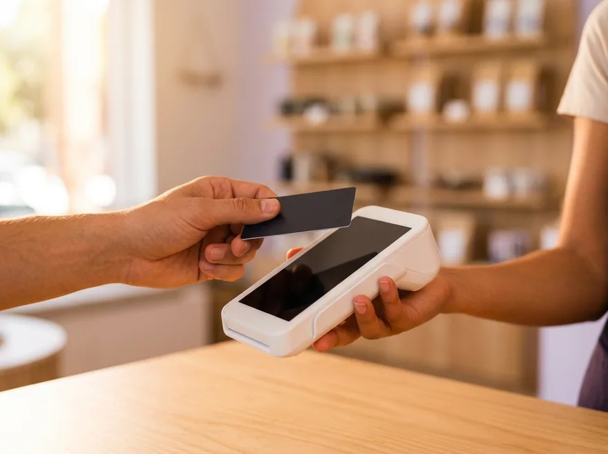 A customer tapping a contactless credit card against a payment terminal held by a shop owner at a counter.
