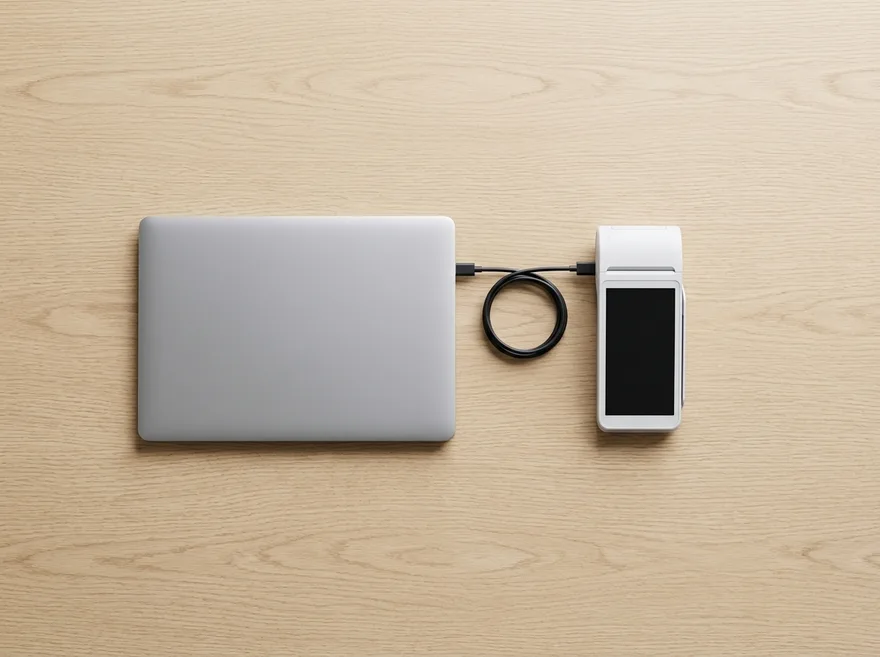 A closed laptop and a slim card payment terminal side by side on a desk with a short cable coiled between them, seen from above.