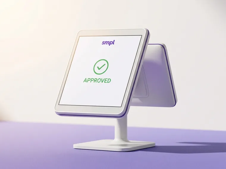 The SMPL POS+, a white point of sale register with a customer-facing second display, with its screen showing an approved sale.
