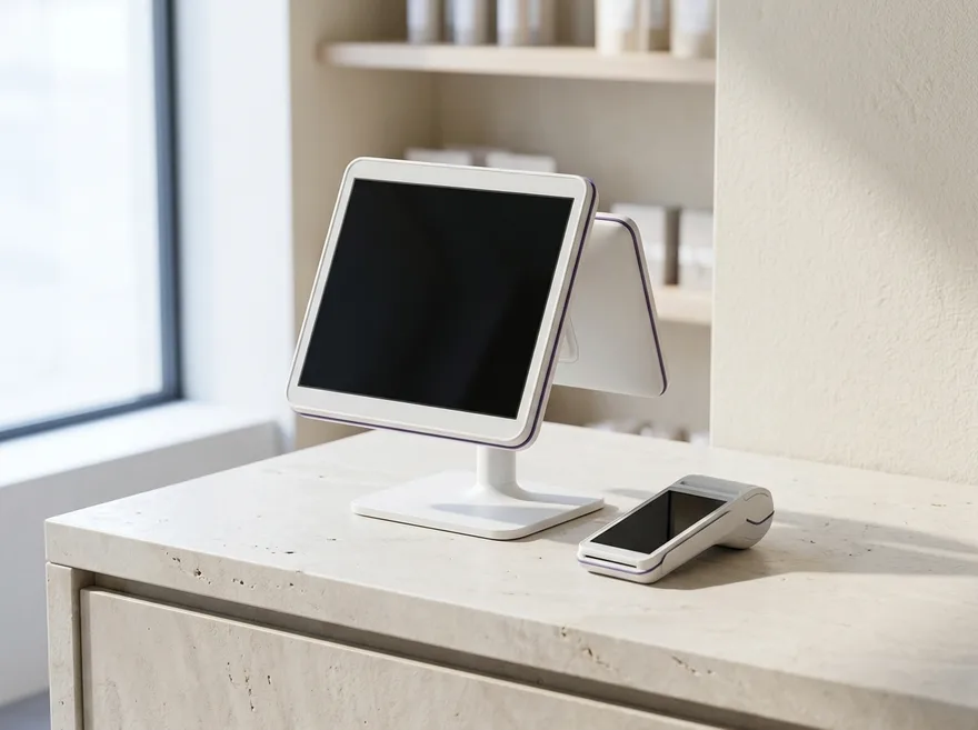 A point of sale register with a customer-facing display on a service counter, with a handheld terminal beside it.