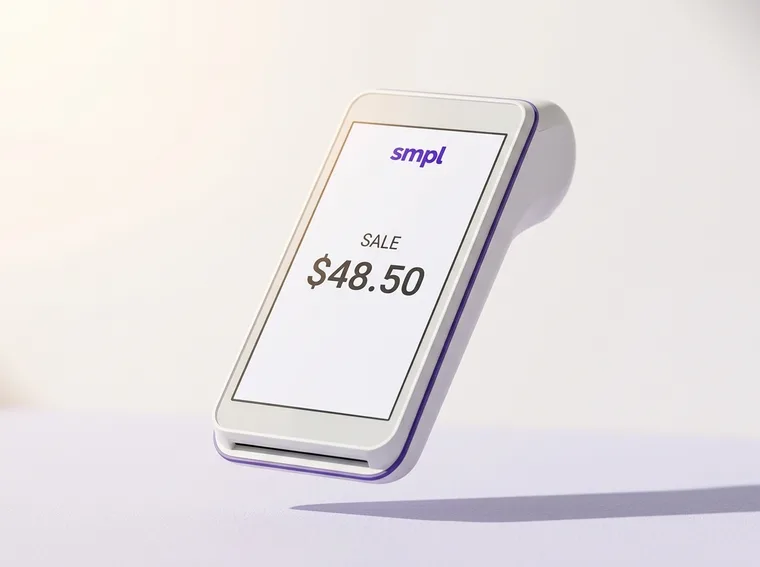 The SMPL Smart Flex, a slim white handheld card payment terminal, with its screen showing a sale in progress.