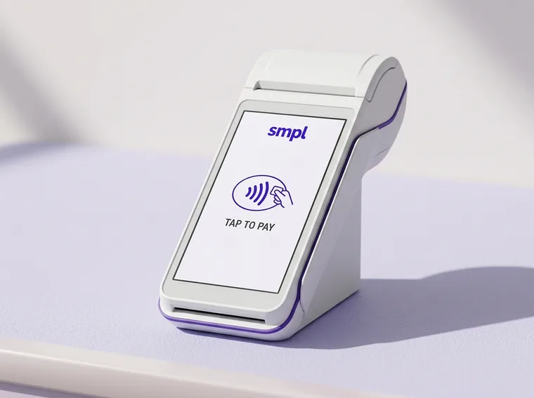 The SMPL Smart Terminal, a white countertop card payment terminal, with its screen showing a contactless payment prompt.