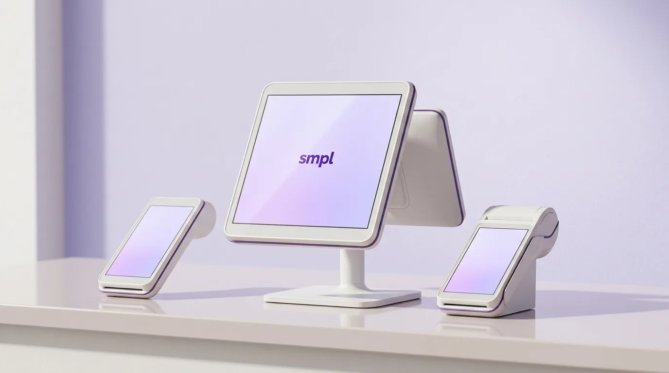SMPL’s three payment devices set up together on a shop counter: the Smart Terminal, the Smart Flex handheld and the POS+ register.
