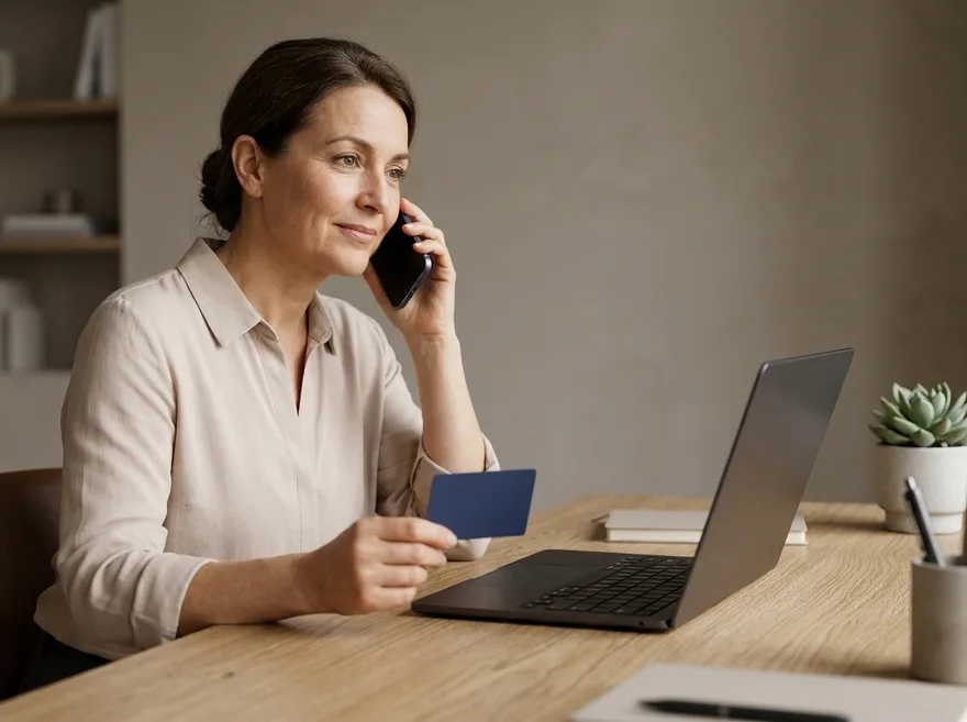 A business owner at a desk taking a payment over the phone, holding a card in one hand beside a laptop turned side-on.