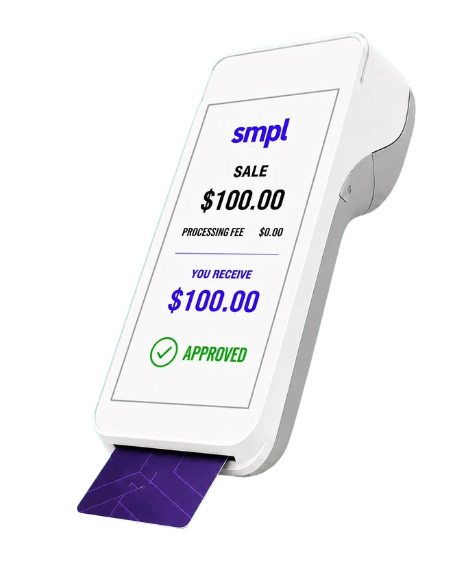 The SMPL Smart Terminal, its screen showing a $100.00 sale, a $0.00 processing fee and $100.00 received