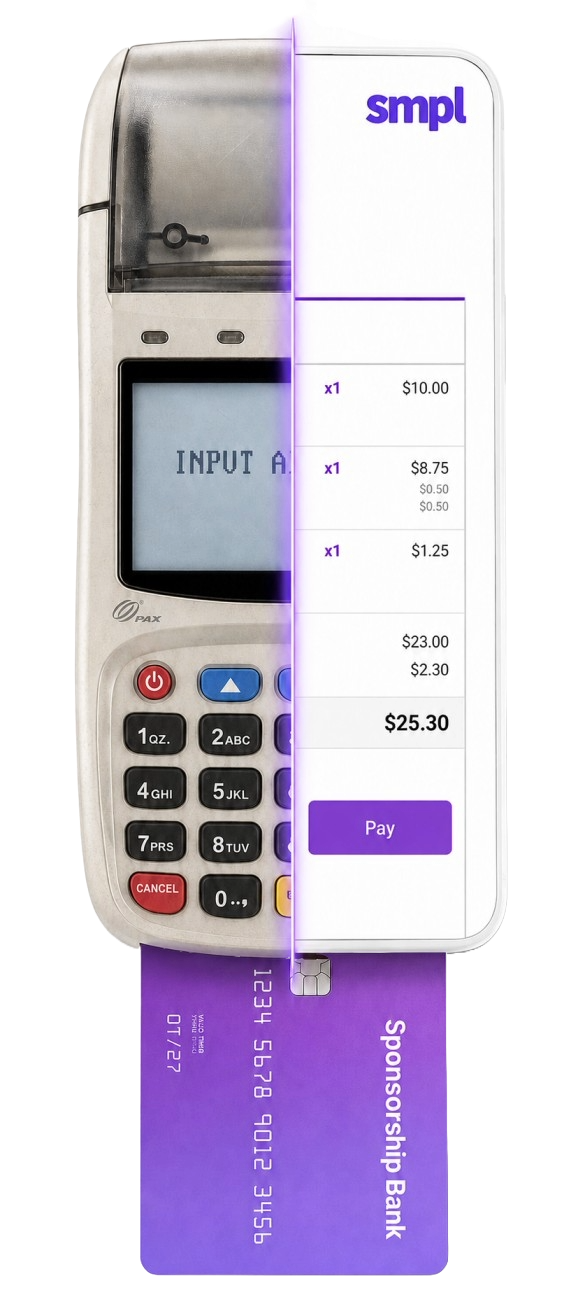 SMPL smart terminal showing the switch from old percentage fees to one flat monthly subscription